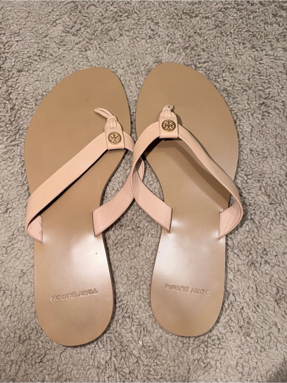 Tory Burch Nude Pink Leather Logo Thong Sandals